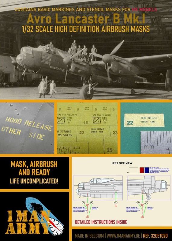 1MA-32DET020 1ManArmy 1/32 Avro Lancaster B Mk.I (HK models) Airbrush Paint Mask main product photo