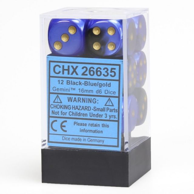 CHX26635 Chessex Manufacturing Gemini 3: 16mm D6 Black Blue Gold/Black (12) main product photo