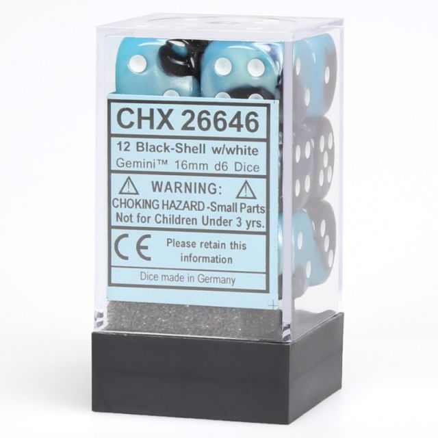 CHX26646 Chessex Manufacturing Gemini 5: 16mm D6 Black Shell/White (12) main product photo
