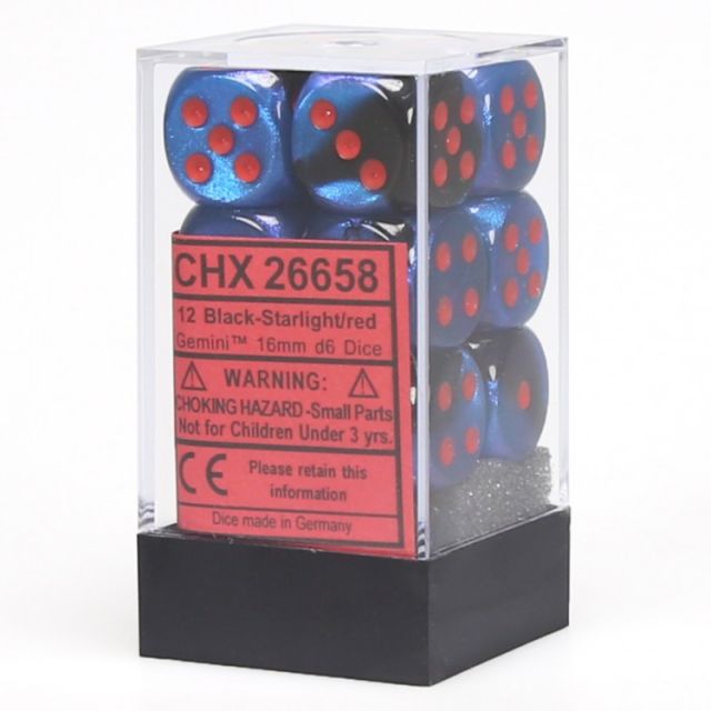 CHX26658 Chessex Manufacturing Gemini 7: 16mm D6 Black Starlight/Red (12) main product photo