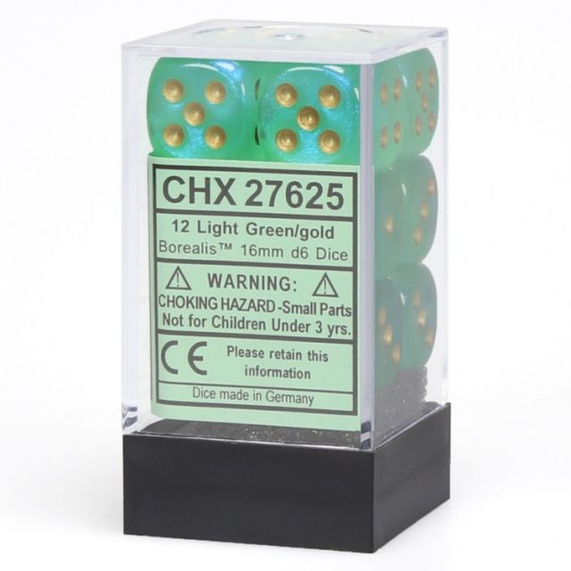 CHX27625 Chessex Manufacturing Borealis 2: 16mm D6 Light Green/Gold (12) main product photo