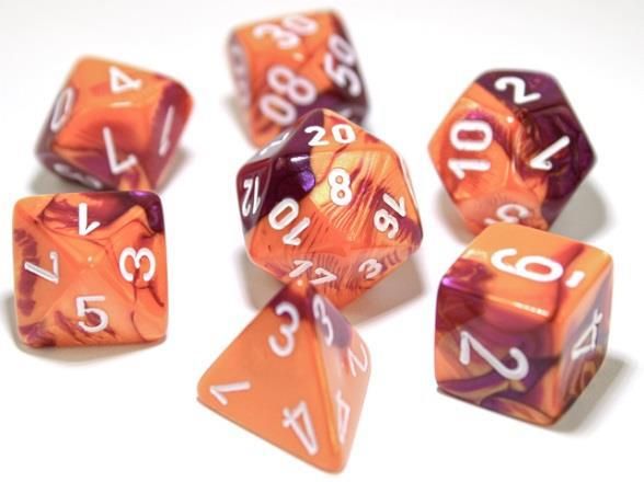 CHX30021 Chessex Manufacturing Lab Dice 3 Gemini: Poly Orange/Purple/White (7) main product photo