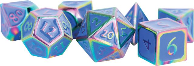 MET021 Metallic Dice Company 16mm Metal Polyhedral Dice Set: Rainbow with Blue Enamel main product photo