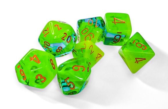 CHX26470 Chessex Manufacturing Gemini: Polyhedral Plasma Green-Teal/orange Luminary 7-Die Set main product photo