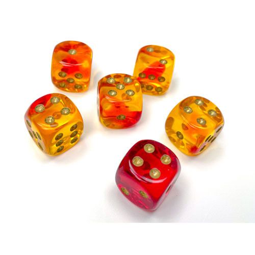 CHX26668 Chessex Manufacturing Gemini: 16mm d6 Translucent Red-Yellow/gold Dice Block (12 dice) main product photo