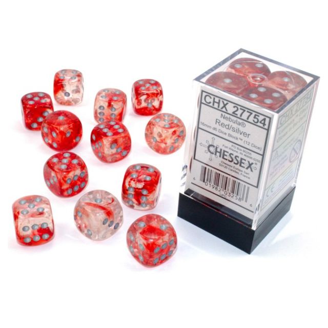 CHX27754 Chessex Manufacturing Nebula: 16mm d6 Red/silver Luminary Dice Block (12 dice) main product photo