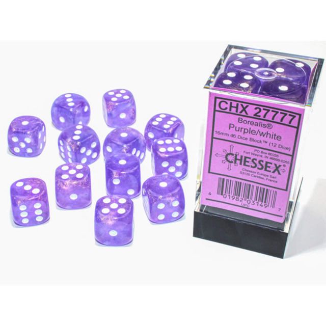 CHX27777 Chessex Manufacturing Borealis: 16mm d6 Purple/white Luminary Dice Block (12 dice) main product photo