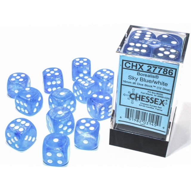 CHX27786 Chessex Manufacturing Borealis: 16mm d6 Sky Blue/white Luminary Dice Block (12 dice) main product photo