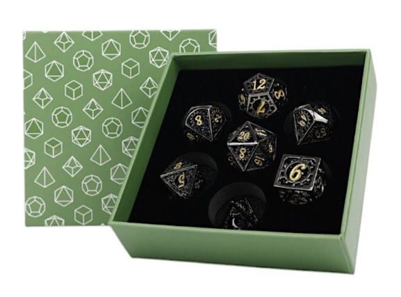 LPG251936 Let's Play Games LPG Dice: Clockwork Sun Dice Set - Gold/Black main product photo