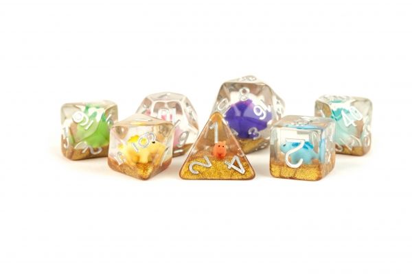 MET757 Metallic Dice Games 16mm Resin Poly Rainbow Dinosaur Dice Set (7) main product photo