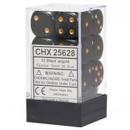CHX25628 Chessex Manufacturing Opaque: 16mm D6 Black/Gold (12)