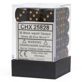 CHX25828 Chessex Manufacturing Opaque: 12mm D6 Black/Gold (36)