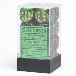 CHX26639 Chessex Manufacturing Gemini 4: 16mm D6 Black Green/Gold (12)