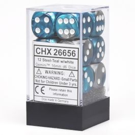 CHX26656 Chessex Manufacturing Gemini 6: 16mm D6 Steel Teal/White (12)