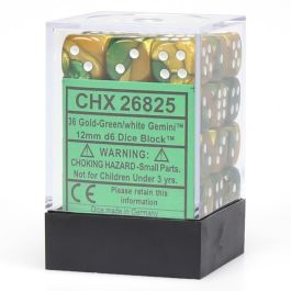 CHX26825 Chessex Manufacturing Gemini: 12mm D6 Gold Green/White (36)