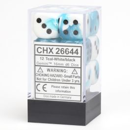 CHX26644 Chessex Manufacturing Gemini 4: 16mm D6 White Teal/Black (12)