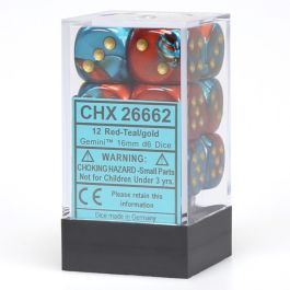CHX26662 Chessex Manufacturing Gemini 7: 16mm D6 Red/Teal/Gold (12)