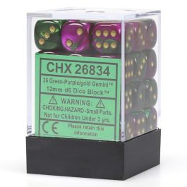 CHX26834 Chessex Manufacturing Gemini 3: 12mm D6 Green Purple Gold/Black (36)