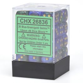 CHX26836 Chessex Manufacturing Gemini 3: 12mm D6 Blue-Green Gold/Black (36)
