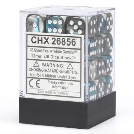 CHX26856 Chessex Manufacturing Gemini 6: 12mm D6 Steel Teal/White (36)