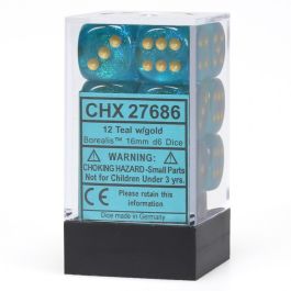 CHX27686 Chessex Manufacturing Borealis 2: 16mm D6 Teal/Gold (12)