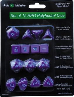 R4I50015-FB Role 4 Initiative Polyhedral Dice: Opaque Dark Purple with Lt Blue Numbers - Set of 15