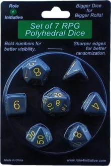 R4I50017-7B Role 4 Initiative Polyhedral Dice: Opaque Dark Gray with Gold Numbers - Set of 7