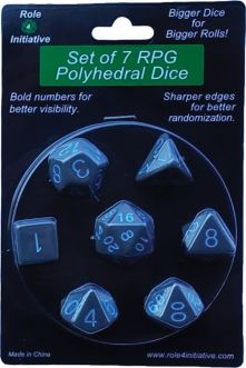 R4I50019-7B Role 4 Initiative Polyhedral Dice: Opaque Dark Gray with Light Blue Numbers - Set of 7
