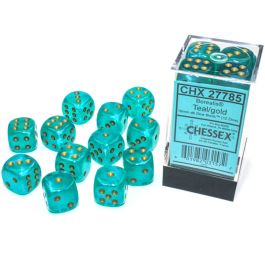 Borealis: 16mm d6 Teal/gold Luminary Dice Block (12 dice)