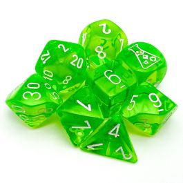 Lab Dice 7: Translucent Polyhedral Rad Green/white 7-Die Set (with bonus die)