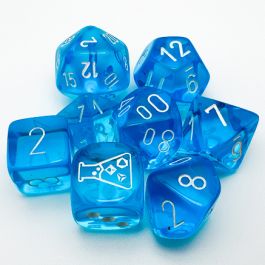 Lab Dice 7: Translucent Polyhedral Tropical Blue/white 7-Die Set (with bonus die)