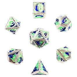 7-Set Sorcerer Solid Metal: RPG Dice Set: Blue & UV Reactive Green
