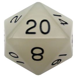 Dice:d20 Single 35mm Mega Glow-in-the-dark Clear/Black