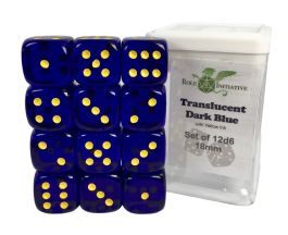 D6 Dice Set: Translucent Dark Blue w/ Yellow - Set of 12d6 (18mm)