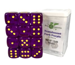 D6 Dice Set: Translucent Dark Purple w/ Yellow - Set of 12d6 (18mm)