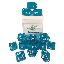 Dice:15-Set Translucent Peacock Blue/White