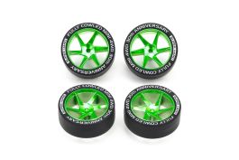 Tamiya Fully Cowled 30th Anniv. Super Hard Low Profile Tires & Matte Green Plated Wheels (6 Pack)